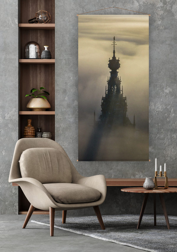 Textielposter met stokken van beukenhout